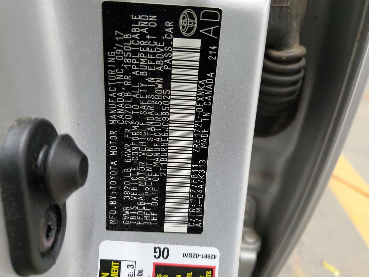 2018 Toyota Corolla VIN 2T1BURHE6JC985025 Copart auction photo, side damage thumbnail 12