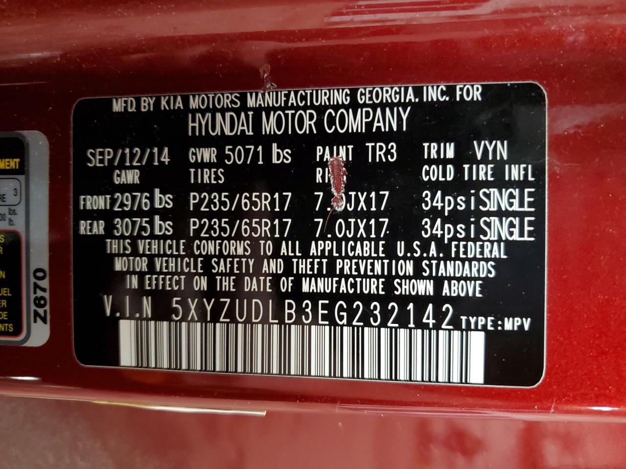 2014 Hyundai Santa Fe VIN 5XYZUDLB3EG232142 Copart auction photo, front end / side damage thumbnail 15