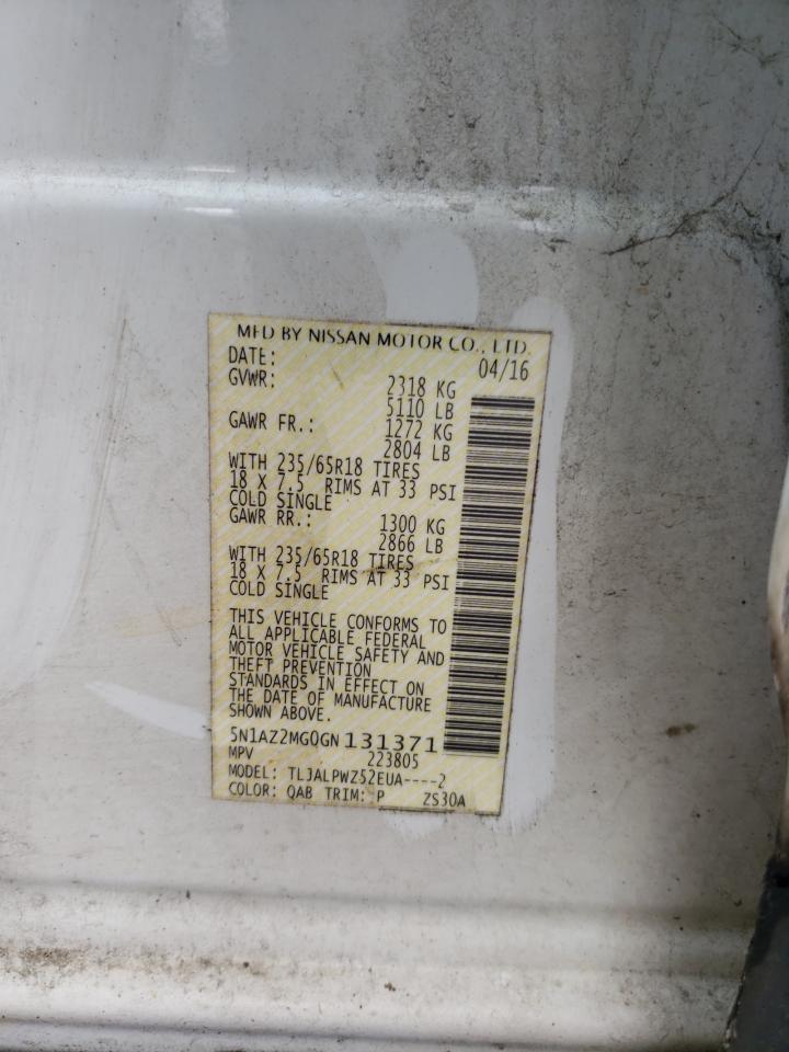 2016 Nissan Murano VIN 5N1AZ2MG0GN131371 Copart auction photo, front end damage thumbnail 14