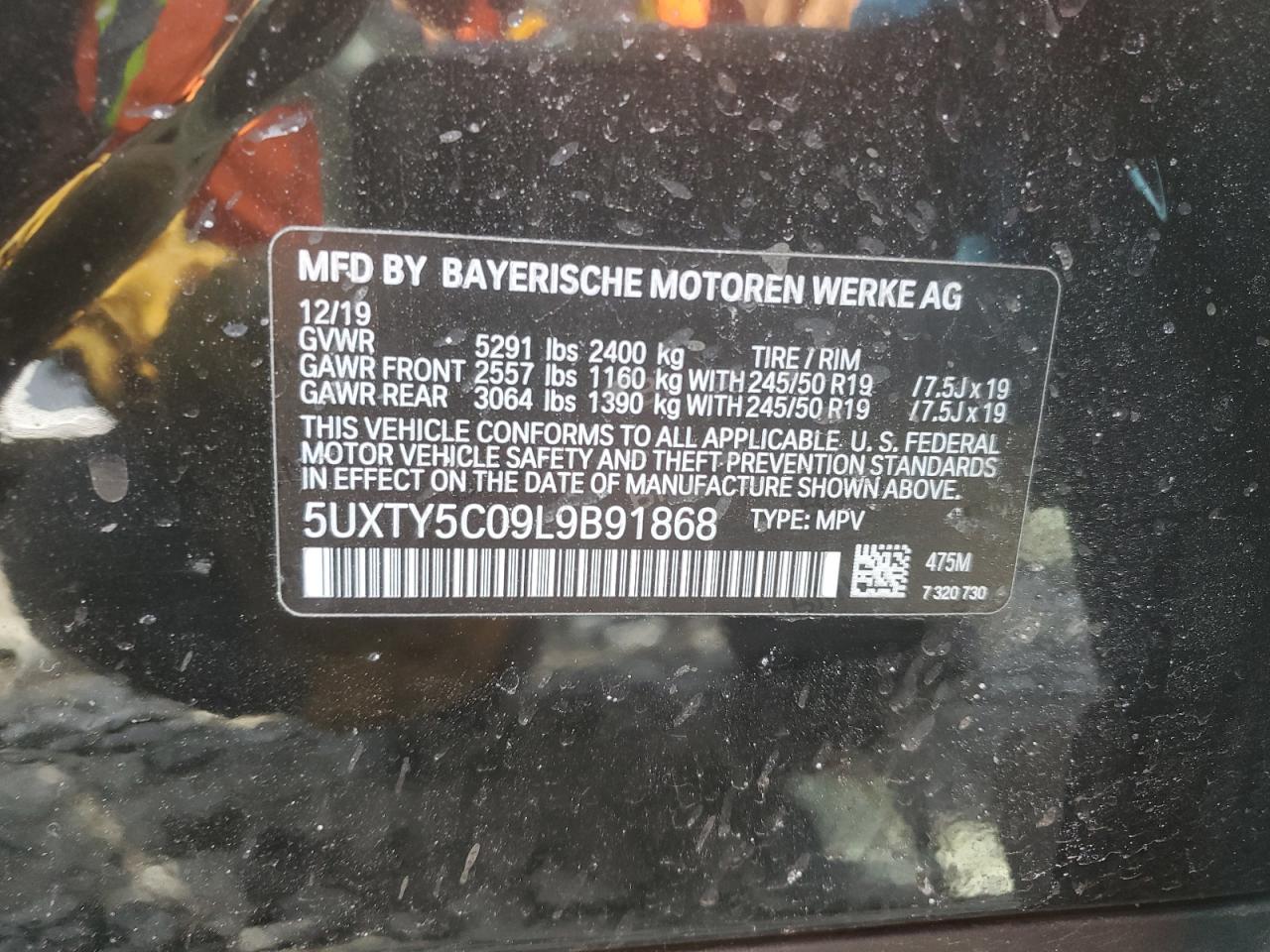 2020 BMW X3 VIN 5UXTY5C09L9B91868 Copart auction photo, front end / side damage thumbnail 13