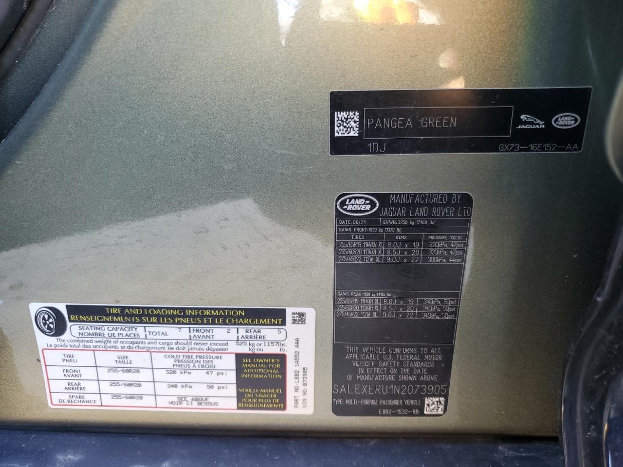 2022 Land Rover Defender VIN SALEXERU1N2073905 Copart auction photo, front end / minor dent/scratches damage thumbnail 13