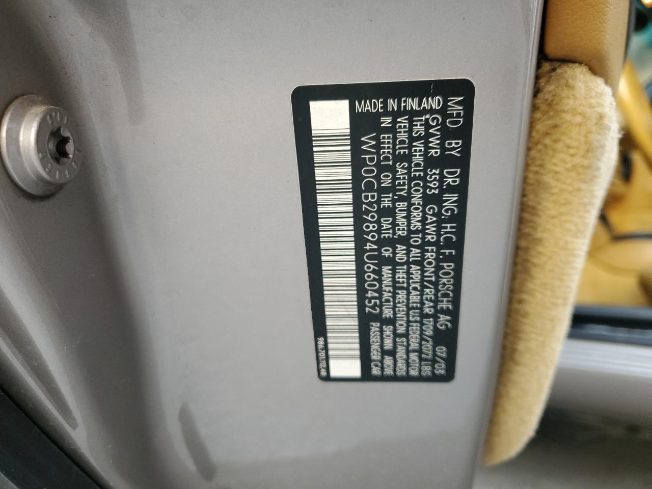 2004 Porsche Boxster VIN WP0CB29894U660452 Copart auction photo, front end / minor dent/scratches damage thumbnail 12