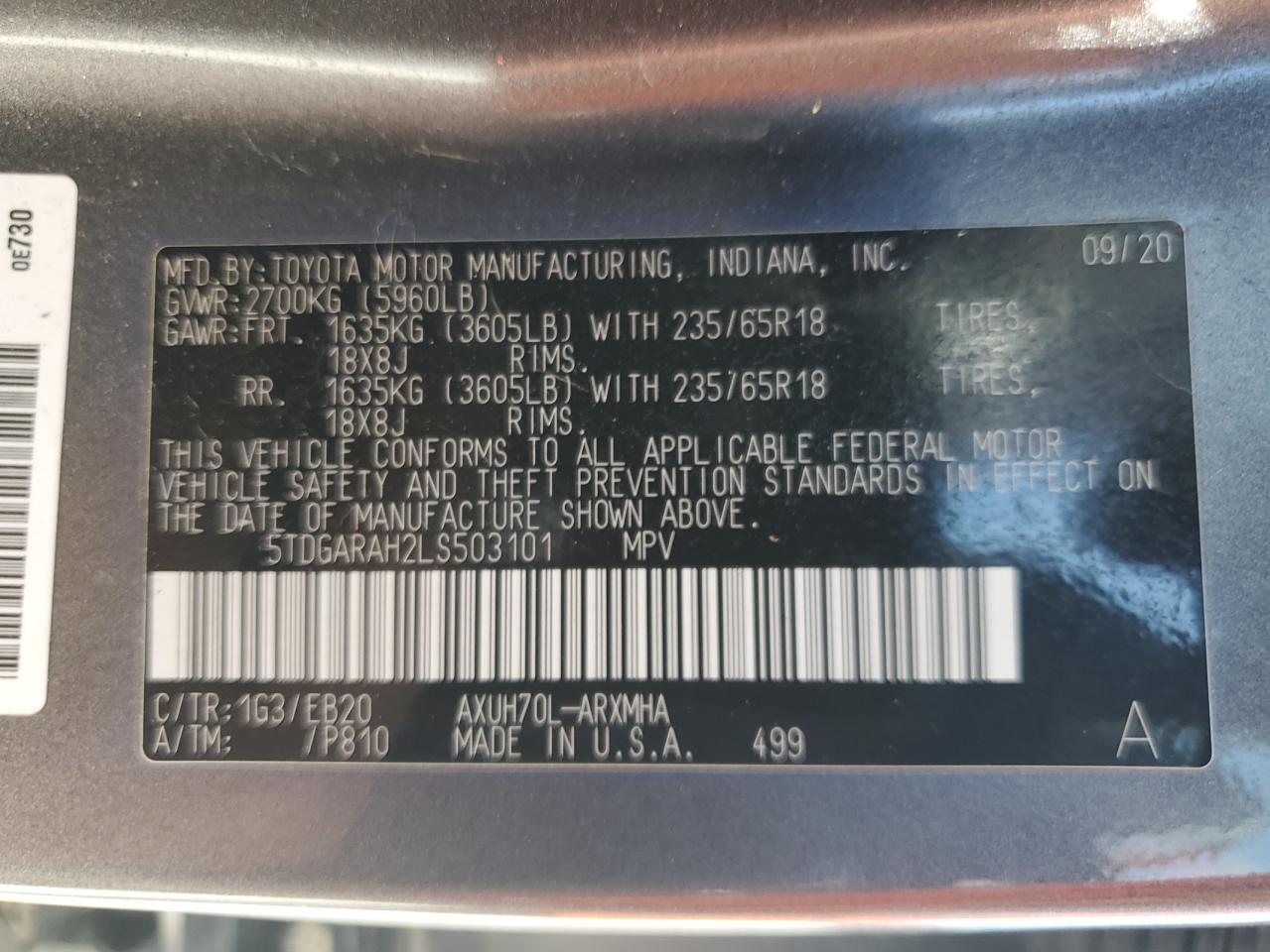 2020 Toyota Highlander VIN 5TDGARAH2LS503101 Copart auction photo, front end damage thumbnail 13