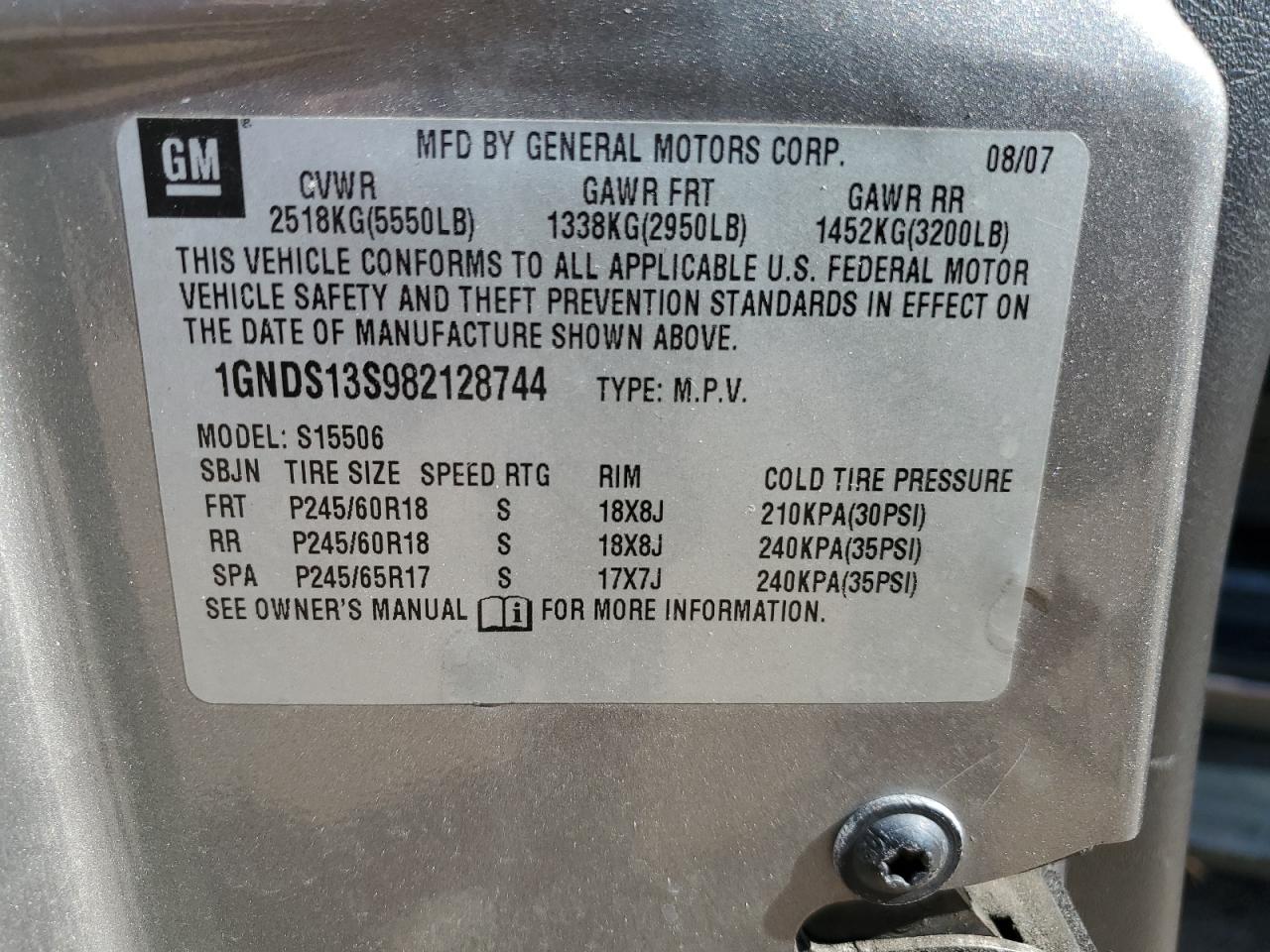 2008 Chevrolet TrailBlazer VIN 1GNDS13S982128744 Copart auction photo, front end damage thumbnail 14