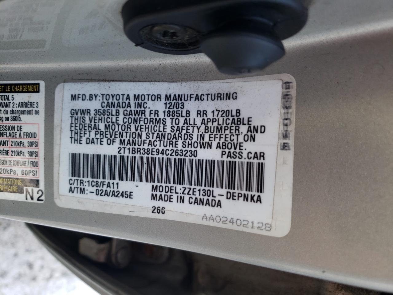 2004 Toyota Corolla VIN 2T1BR38E94C263230 Copart auction photo, all over damage thumbnail 12
