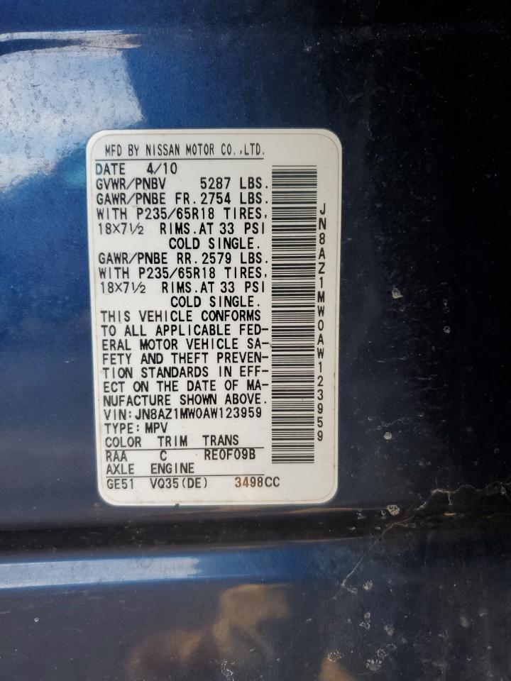 2010 Nissan Murano VIN JN8AZ1MW0AW123959 Copart auction photo, front end / minor dent/scratches damage thumbnail 12