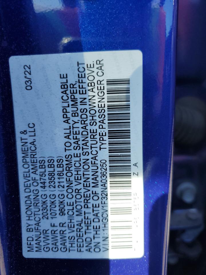 2022 Honda Accord VIN 1HGCV1F32NA036250 Copart auction photo, rear end damage thumbnail 12