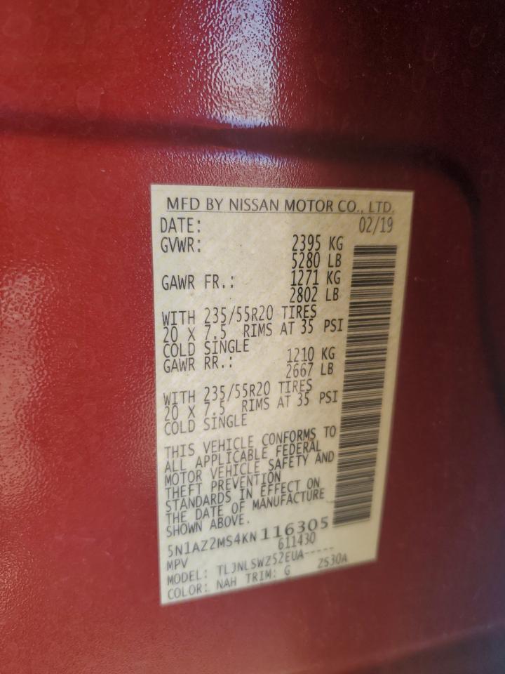 2019 Nissan Murano VIN 5N1AZ2MS4KN116305 Copart auction photo, front end / minor dent/scratches damage thumbnail 15