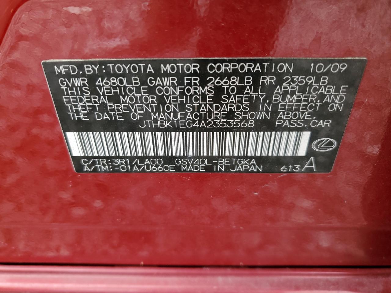 2010 Lexus ES VIN JTHBK1EG4A2353568 Copart auction photo, front end damage thumbnail 12