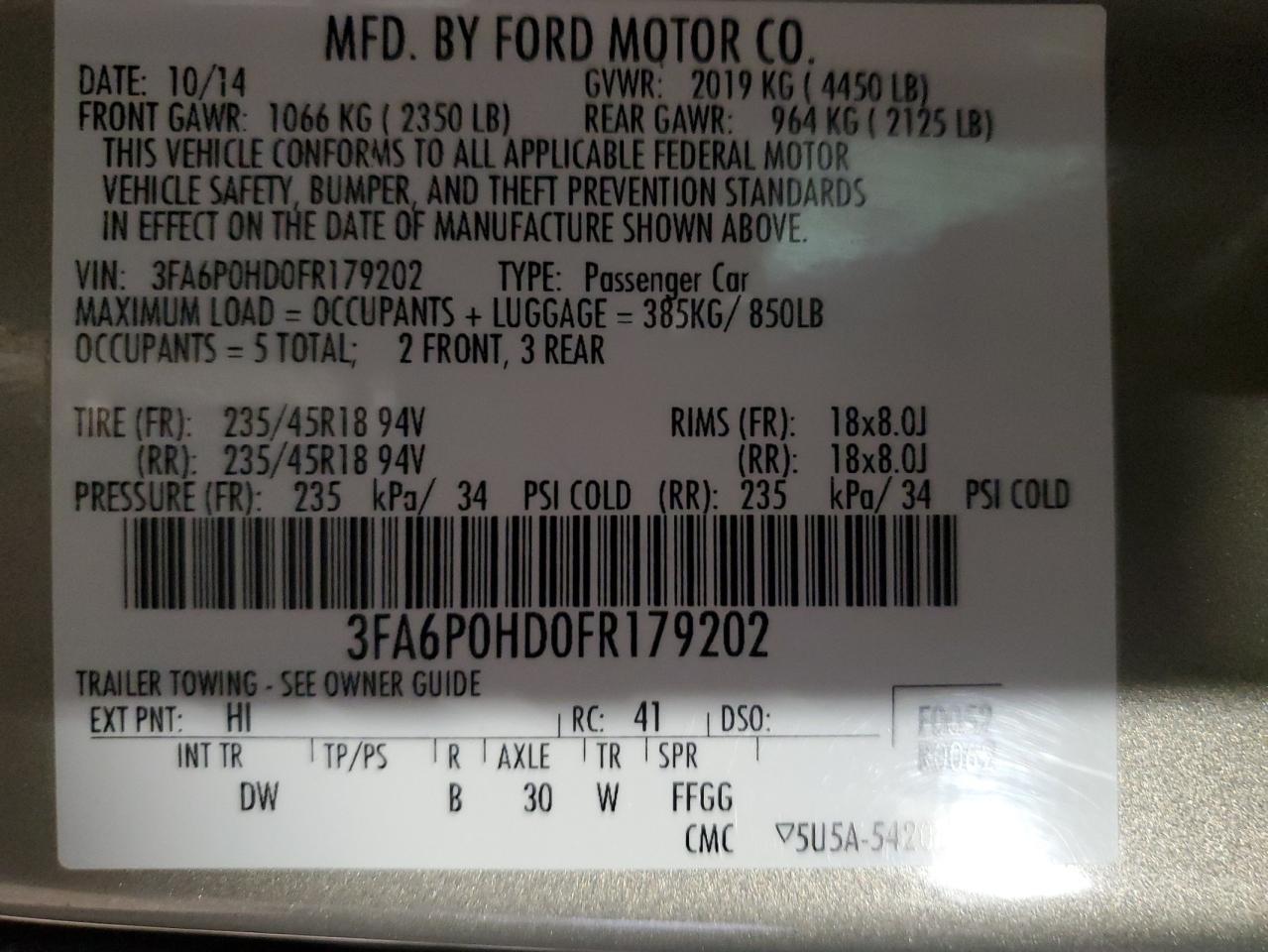 2015 Ford Fusion VIN 3FA6P0HD0FR179202 Copart auction photo, front end / rear end damage thumbnail 12