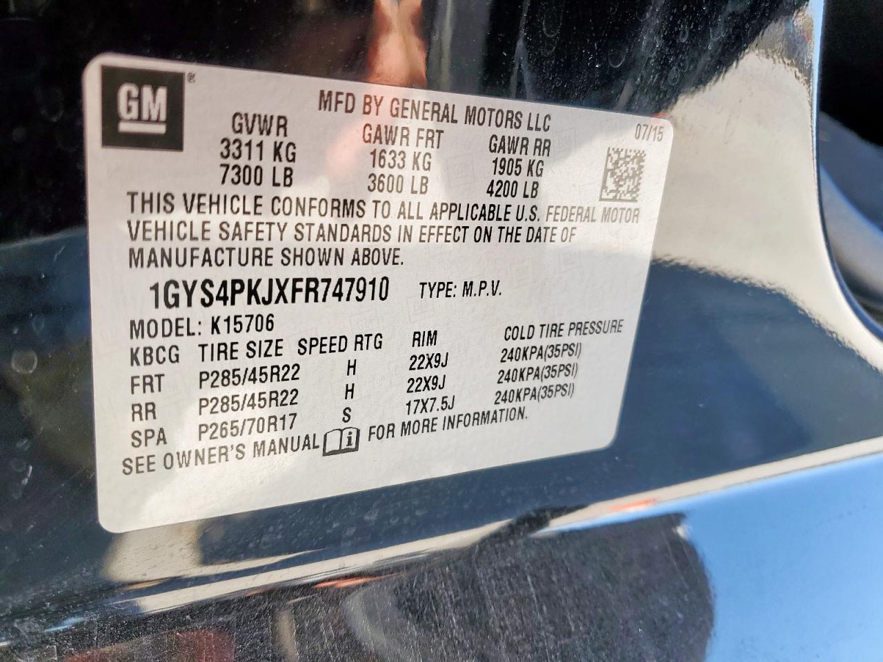 2015 Cadillac Escalade VIN 1GYS4PKJXFR747910 Copart auction photo, rear end / stripped damage thumbnail 14