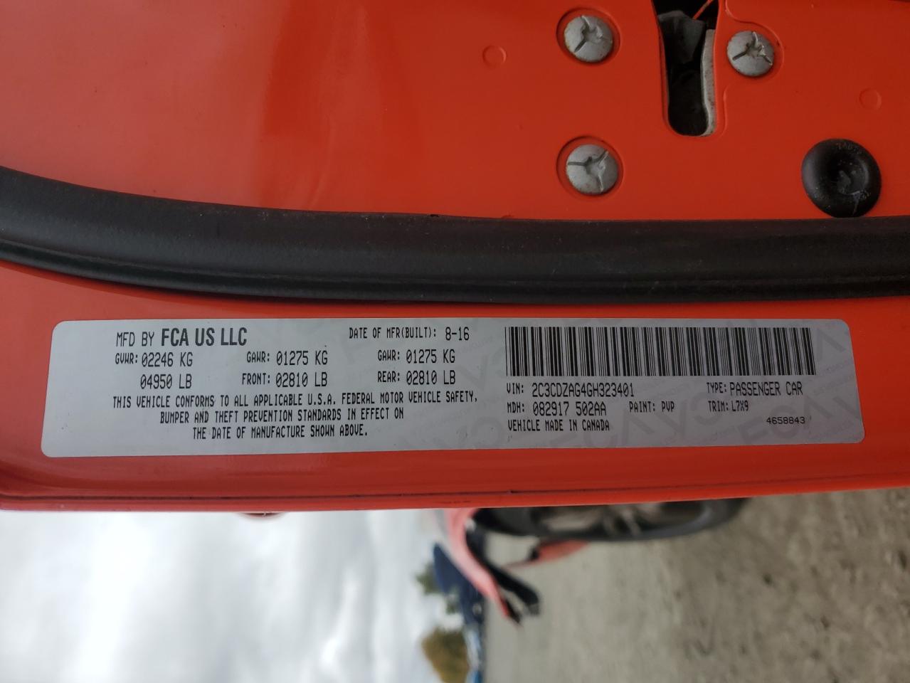 2016 Dodge Challenger VIN 2C3CDZAG4GH323401 Copart auction photo, front end / side damage thumbnail 12