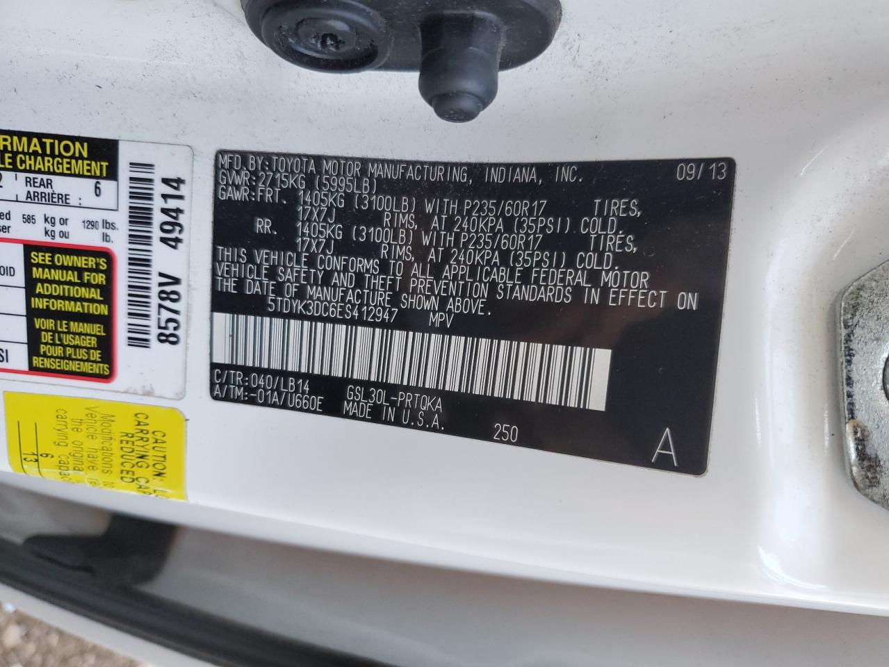 2014 Toyota Sienna VIN 5TDYK3DC6ES412947 Copart auction photo, side damage thumbnail 12
