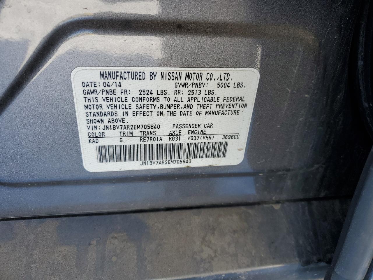 2014 Infiniti Q50 VIN JN1BV7AR2EM705840 Copart auction photo, biohazard/chemical damage thumbnail 12