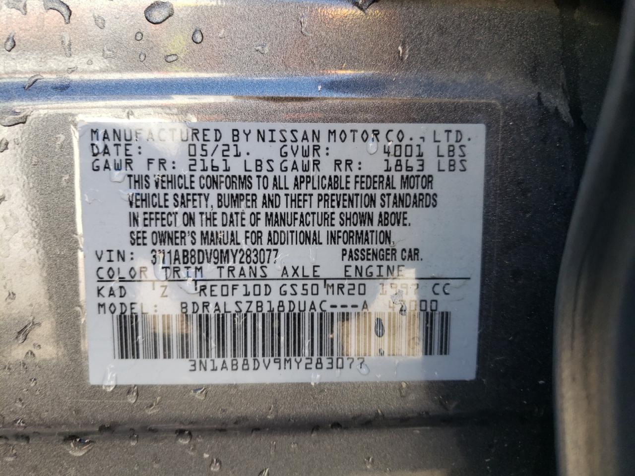 2021 Nissan Sentra VIN 3N1AB8DV9MY283077 Copart auction photo, side / rear end damage thumbnail 12