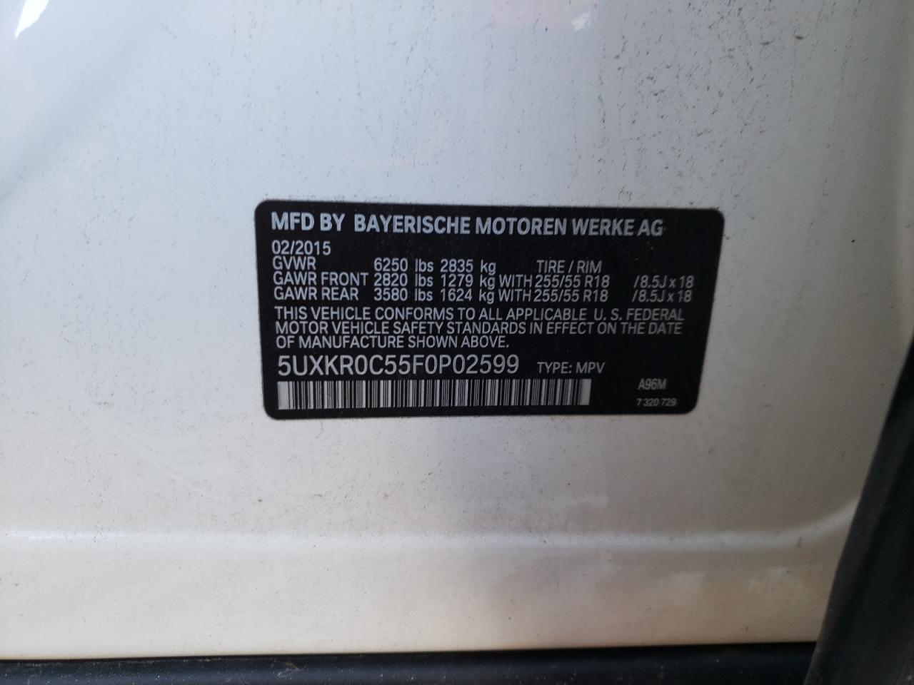 2015 BMW X5 VIN 5UXKR0C55F0P02599 Copart auction photo, top/roof / rear end damage thumbnail 15