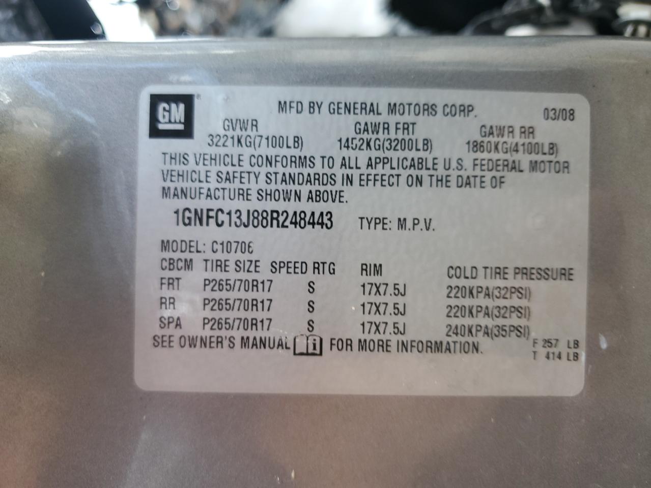 2008 Chevrolet Tahoe VIN 1GNFC13J88R248443 Copart auction photo, burn damage thumbnail 13