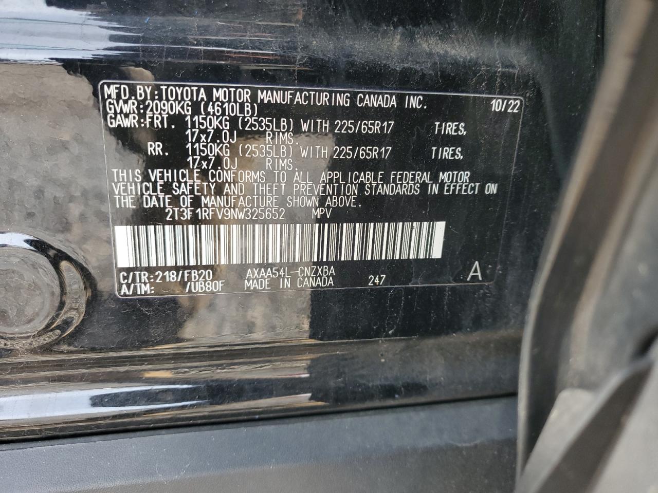 2022 Toyota RAV 4 VIN 2T3F1RFV9NW325652 Copart auction photo, front end / side damage thumbnail 13