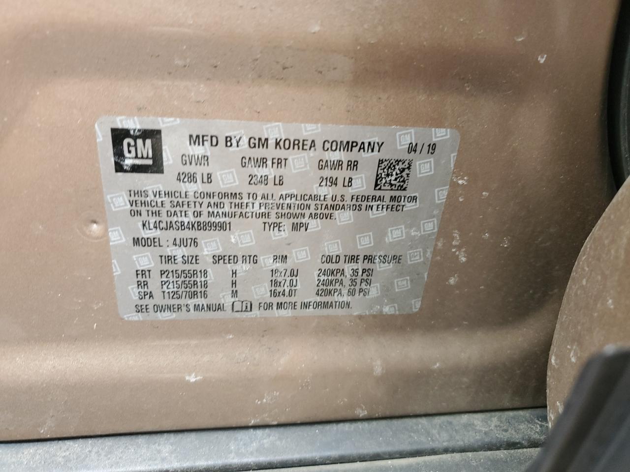 2019 Buick Encore VIN KL4CJASB4KB899901 Copart auction photo, front end / rear end damage thumbnail 13