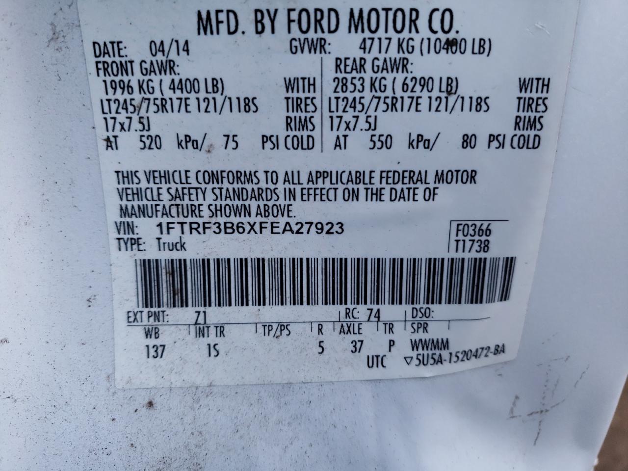 2015 Ford F350 VIN 1FTRF3B6XFEA27923 Copart auction photo, front end damage thumbnail 13