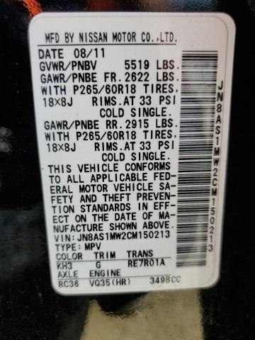 2012 Infiniti FX VIN JN8AS1MW2CM150213 Copart auction photo, rear end / undercarriage damage thumbnail 13