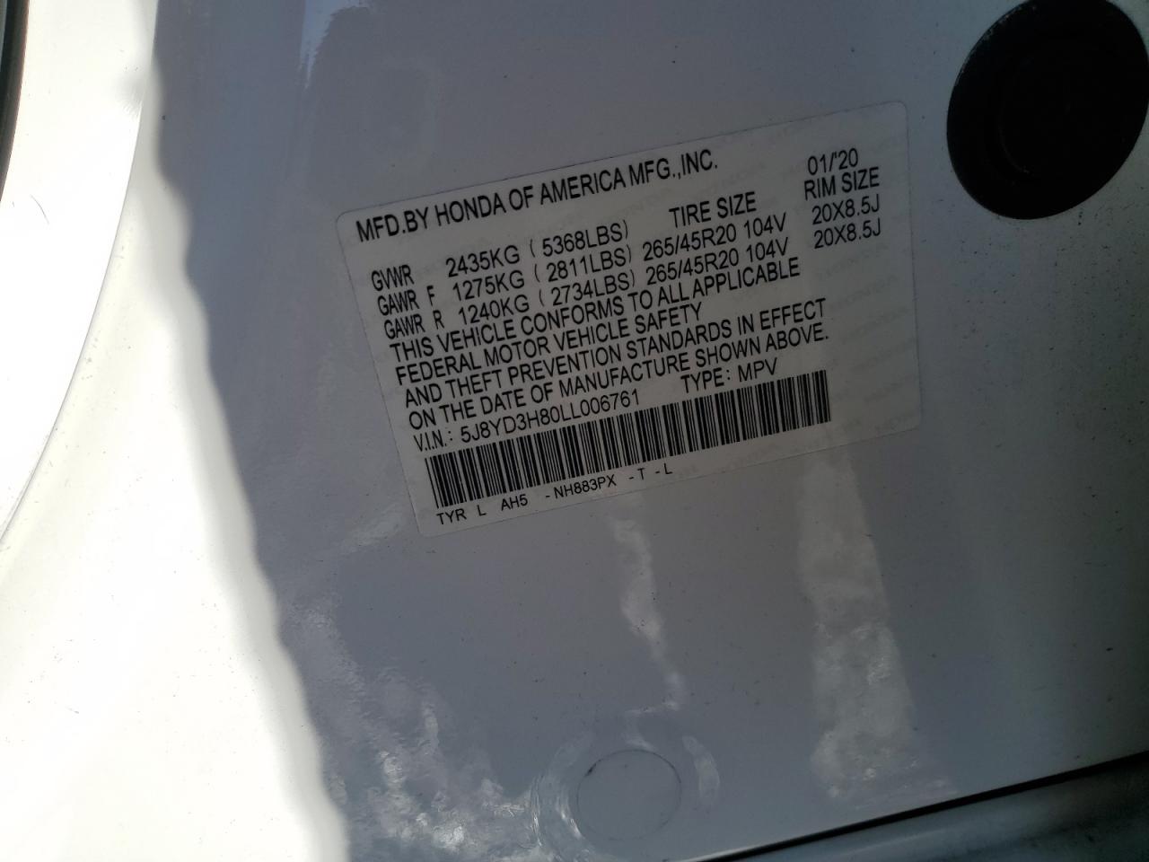 2020 Acura MDX VIN 5J8YD3H80LL006761 Copart auction photo, front end / minor dent/scratches damage thumbnail 13