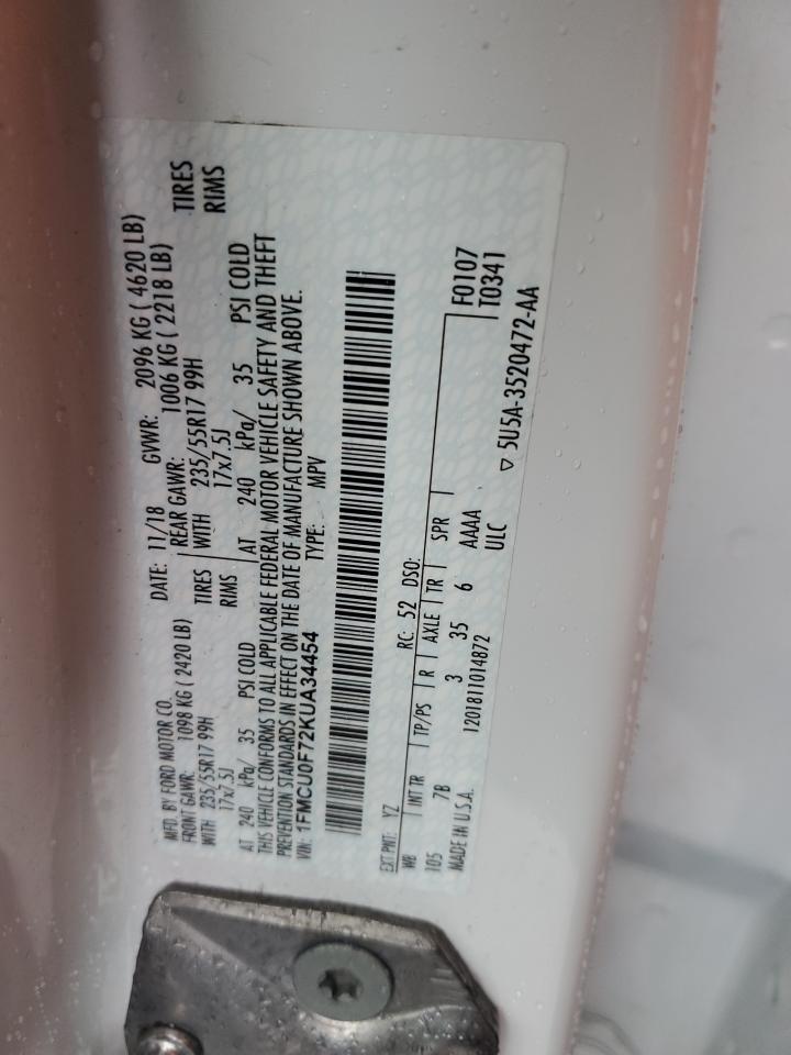 2019 Ford Escape VIN 1FMCU0F72KUA34454 Copart auction photo, front end / minor dent/scratches damage thumbnail 15