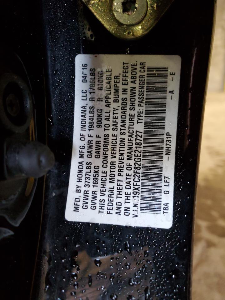 2016 Honda Civic VIN 19XFC2F82GE218727 Copart auction photo, stripped damage thumbnail 12
