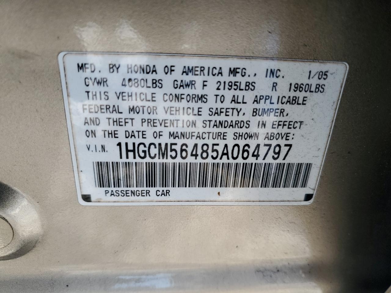 2005 Honda Accord VIN 1HGCM56485A064797 Copart auction photo, rear end damage thumbnail 13