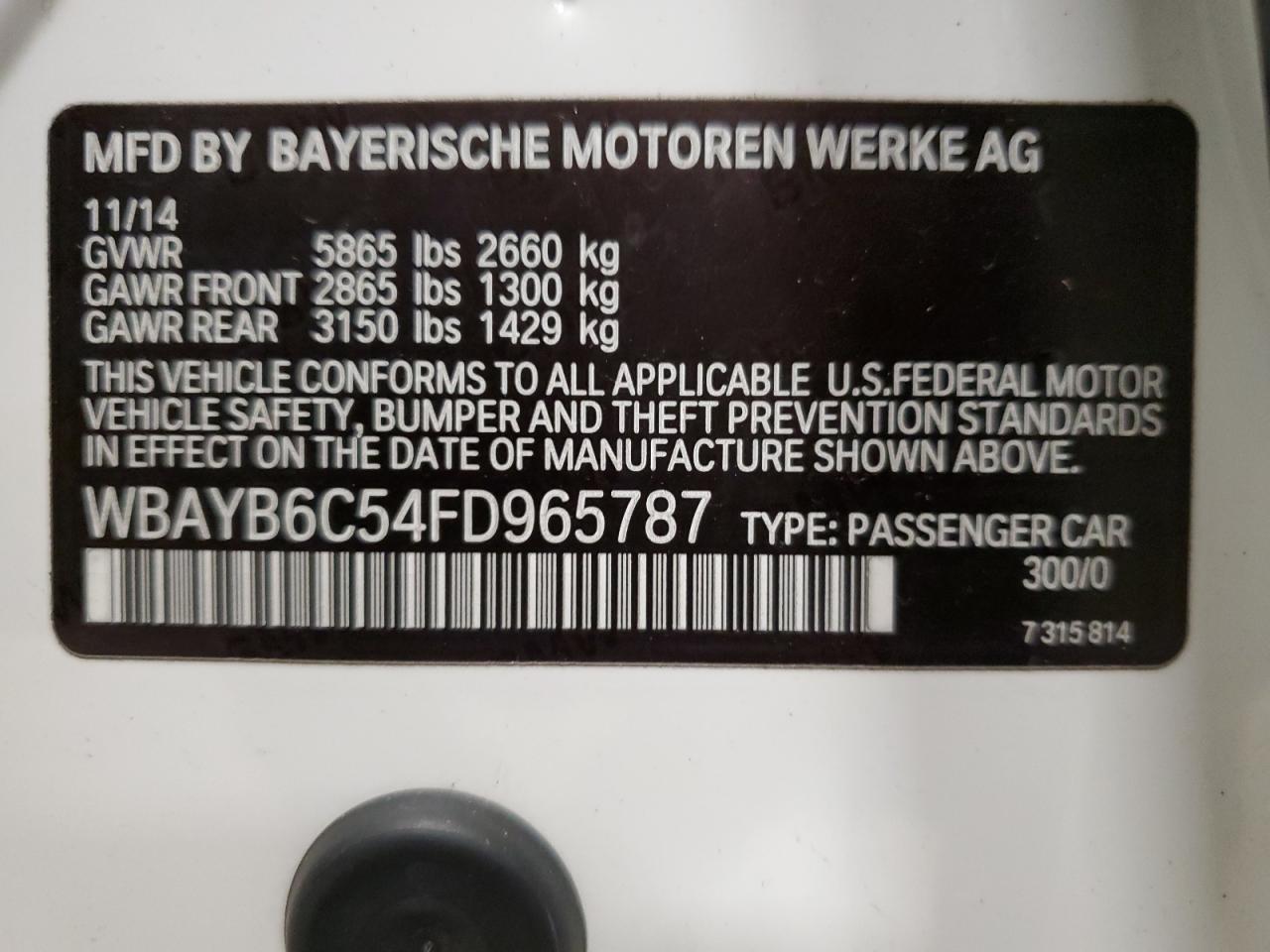 2015 BMW 7er VIN WBAYB6C54FD965787 Copart auction photo, rear end / front end damage thumbnail 12
