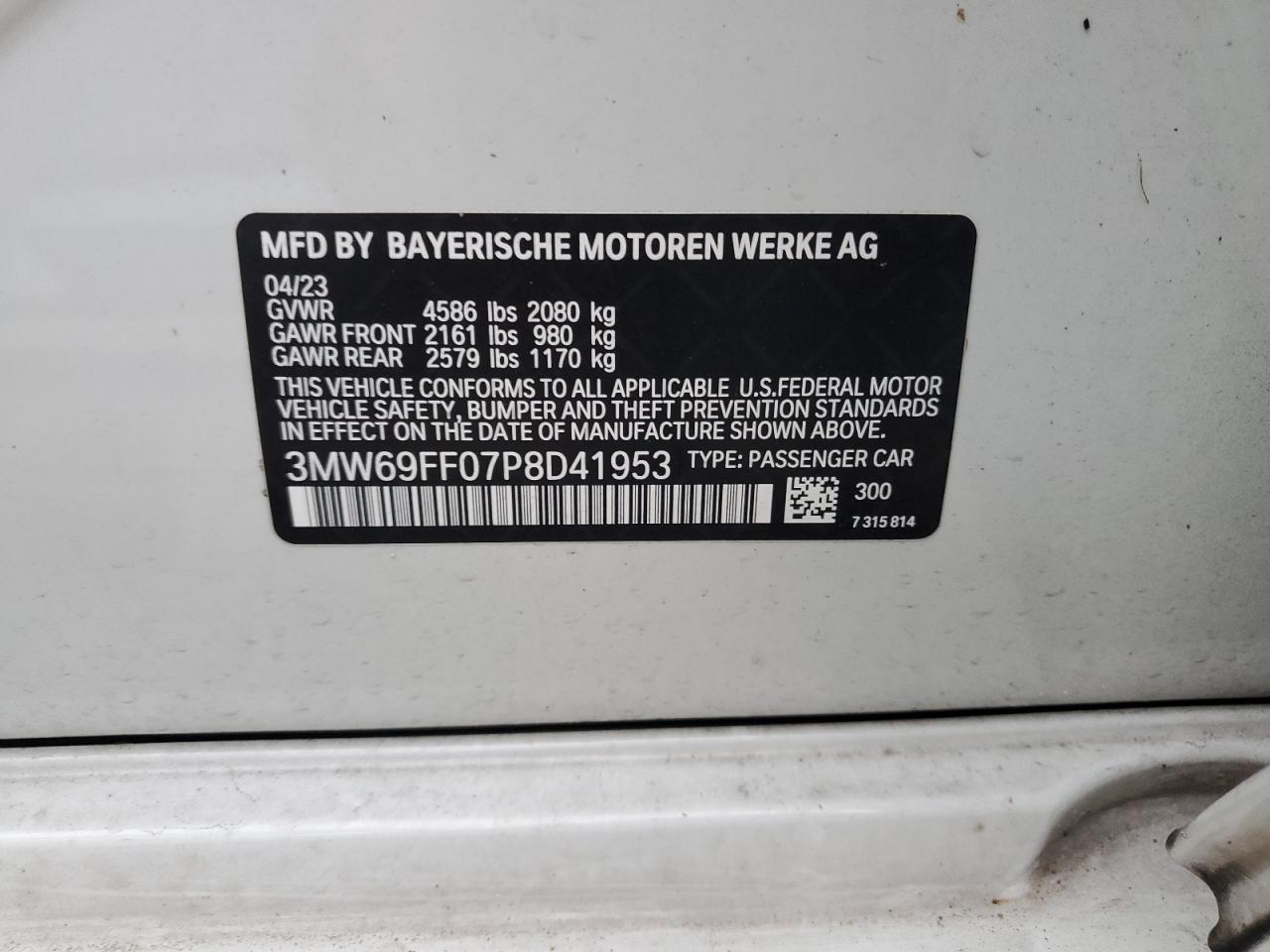 2023 BMW 3er VIN 3MW69FF07P8D41953 Copart auction photo, water/flood damage thumbnail 13