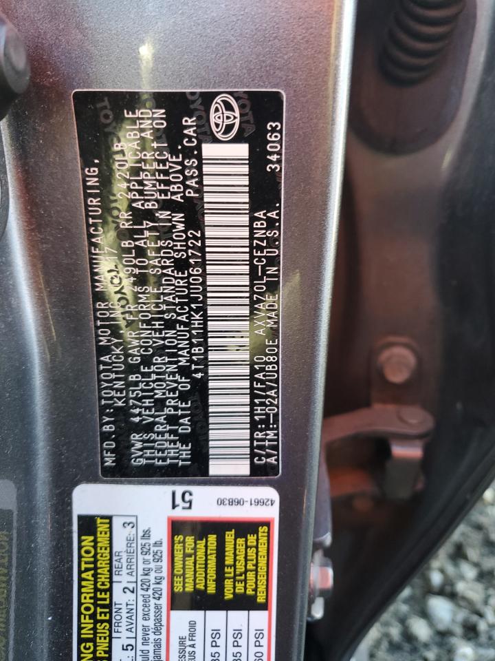 2018 Toyota Camry VIN 4T1B11HK1JU061722 Copart auction photo, rear end / side damage thumbnail 12