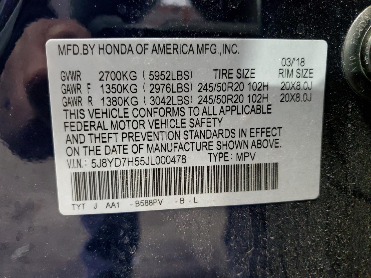 2018 Acura MDX VIN 5J8YD7H55JL000478 Copart auction photo, mechanical / rejected repair damage thumbnail 13