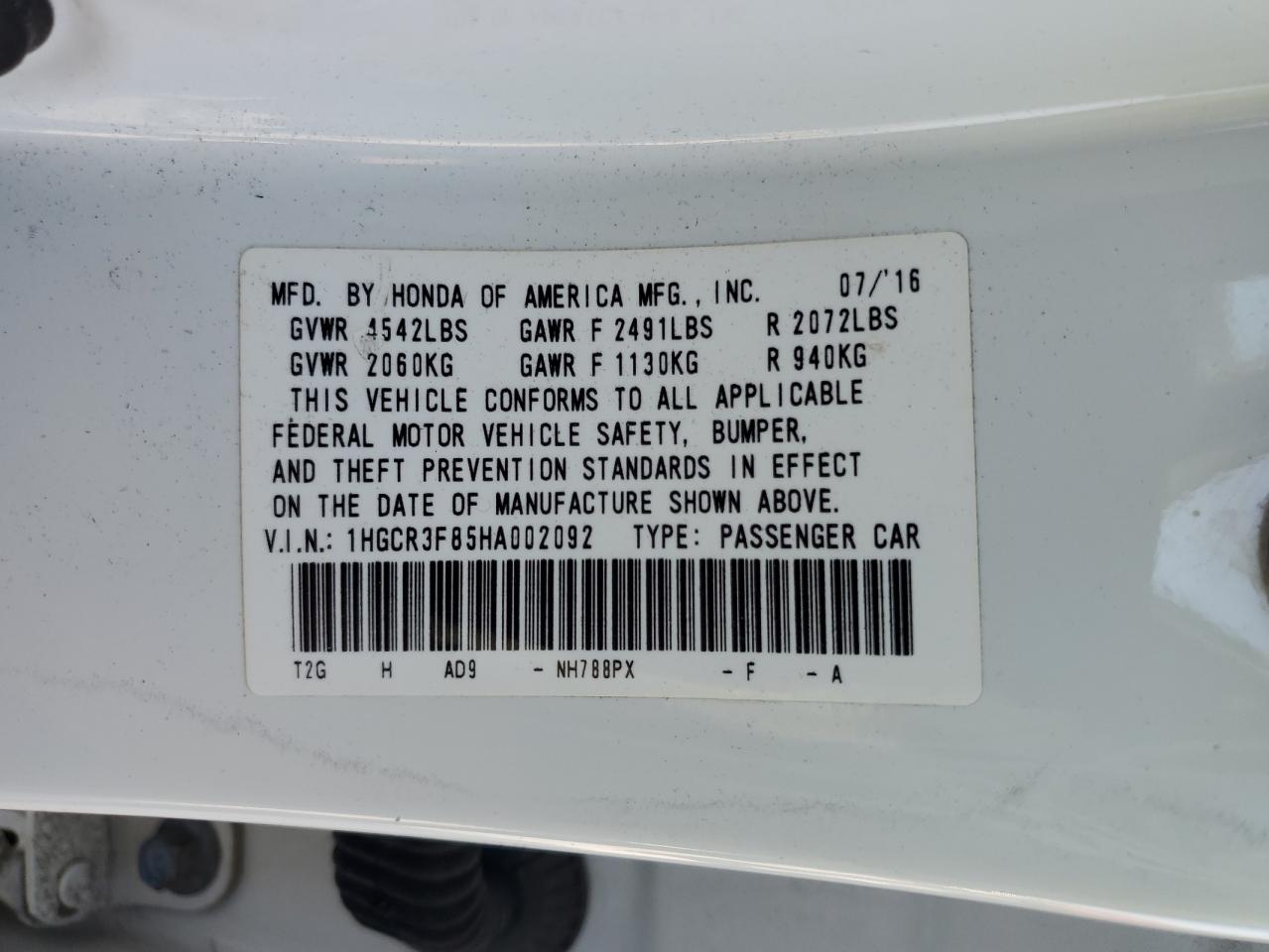 2017 Honda Accord VIN 1HGCR3F85HA002092 Copart auction photo, front end damage thumbnail 12