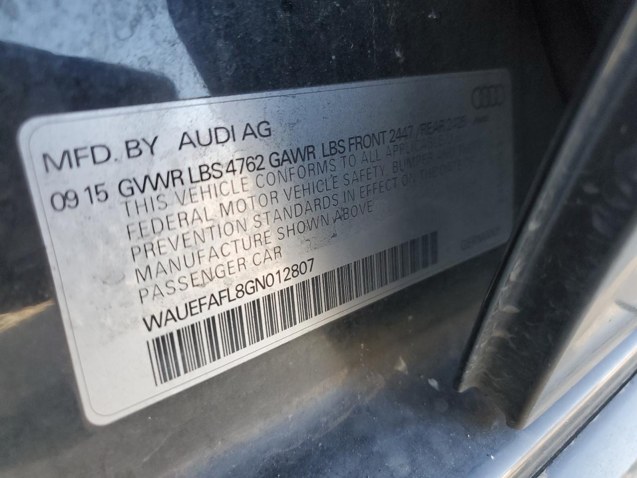2016 Audi A4 VIN WAUEFAFL8GN012807 Copart auction photo, rear end / side damage thumbnail 12