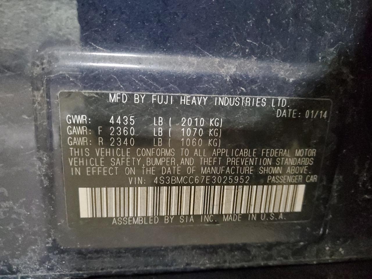 2014 Subaru Legacy VIN 4S3BMCC67E3025952 Copart auction photo, all over damage thumbnail 12