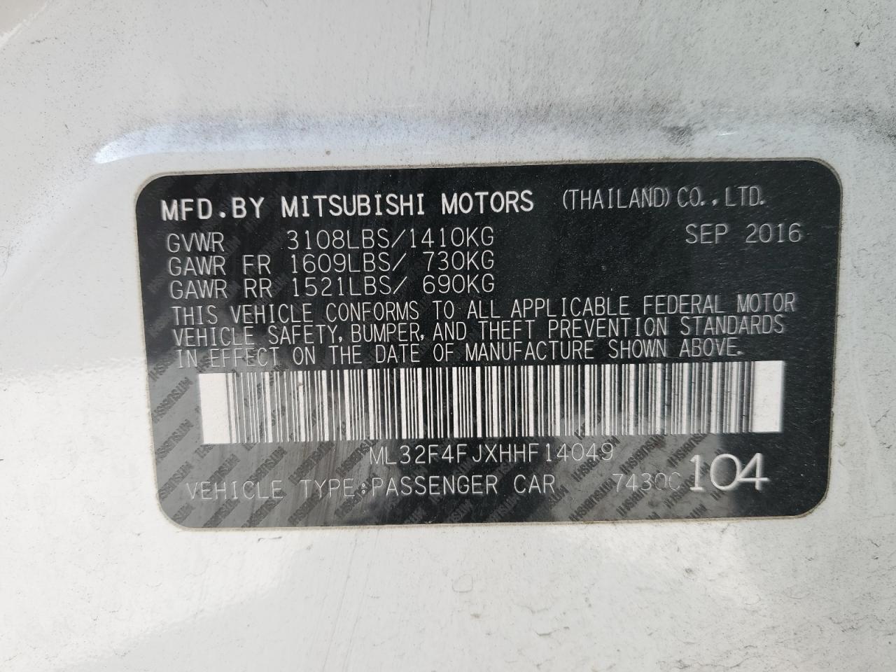 2017 Mitsubishi Mirage VIN ML32F4FJXHHF14049 Copart auction photo, front end / minor dent/scratches damage thumbnail 12