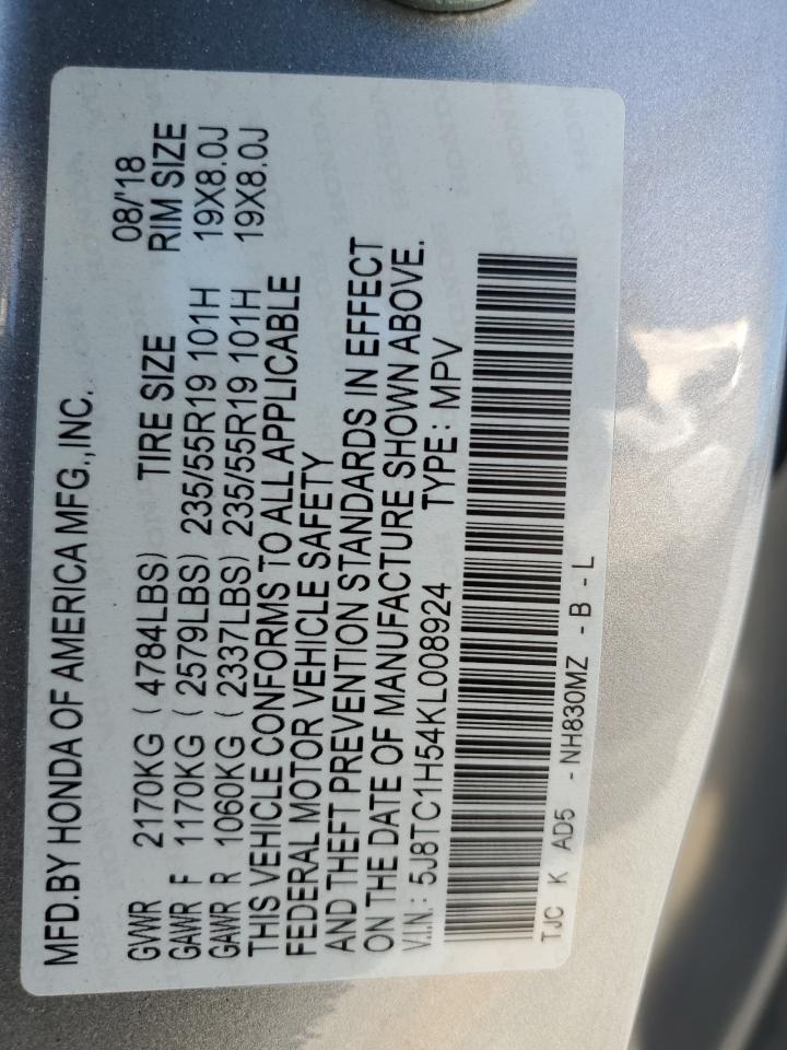 2019 Acura RDX VIN 5J8TC1H54KL008924 Copart auction photo, water/flood damage thumbnail 14