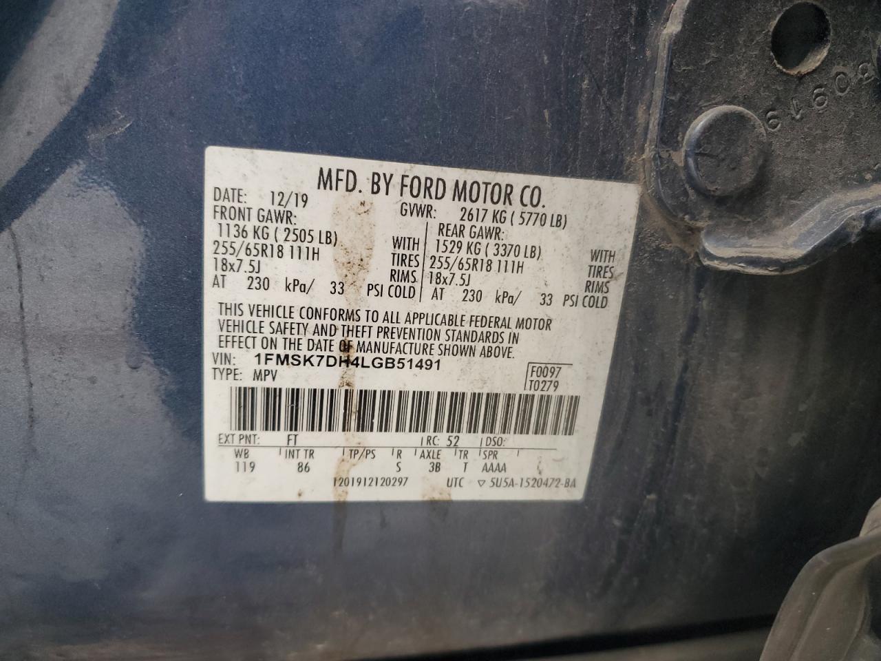 2020 Ford Explorer VIN 1FMSK7DH4LGB51491 Copart auction photo, front end / rear end damage thumbnail 13