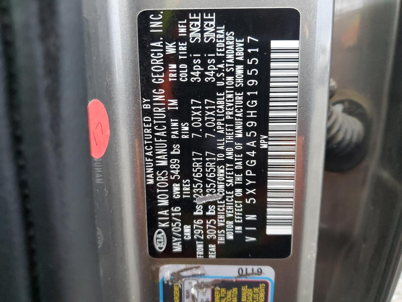 2017 KIA Sorento VIN 5XYPG4A59HG195517 Copart auction photo, front end / side damage thumbnail 12