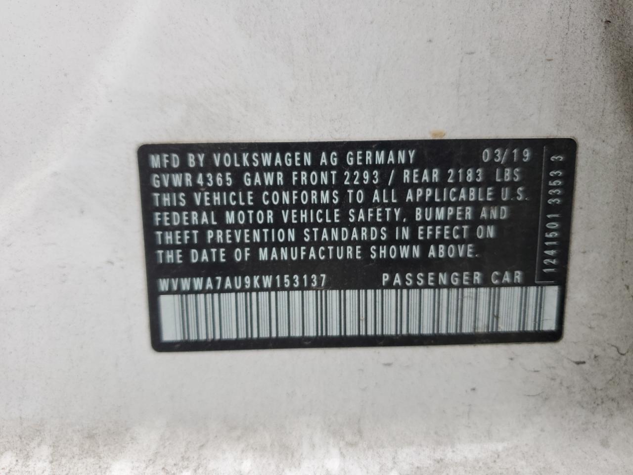 2019 Volkswagen Golf VIN WVWWA7AU9KW153137 Copart auction photo, all over damage thumbnail 12