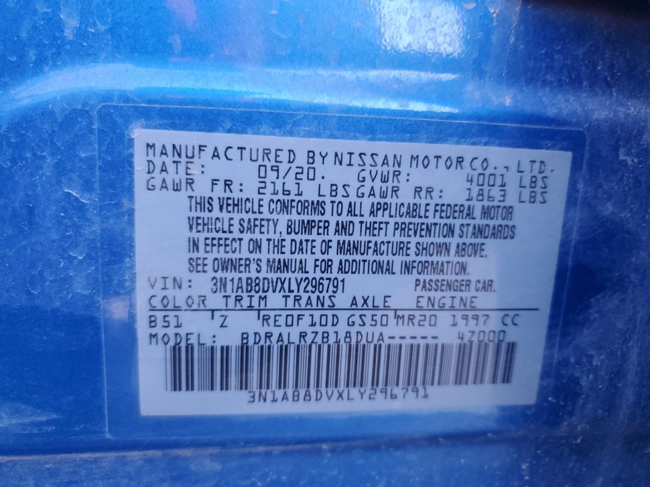 2020 Nissan Sentra VIN 3N1AB8DVXLY296791 Copart auction photo, all over damage thumbnail 12