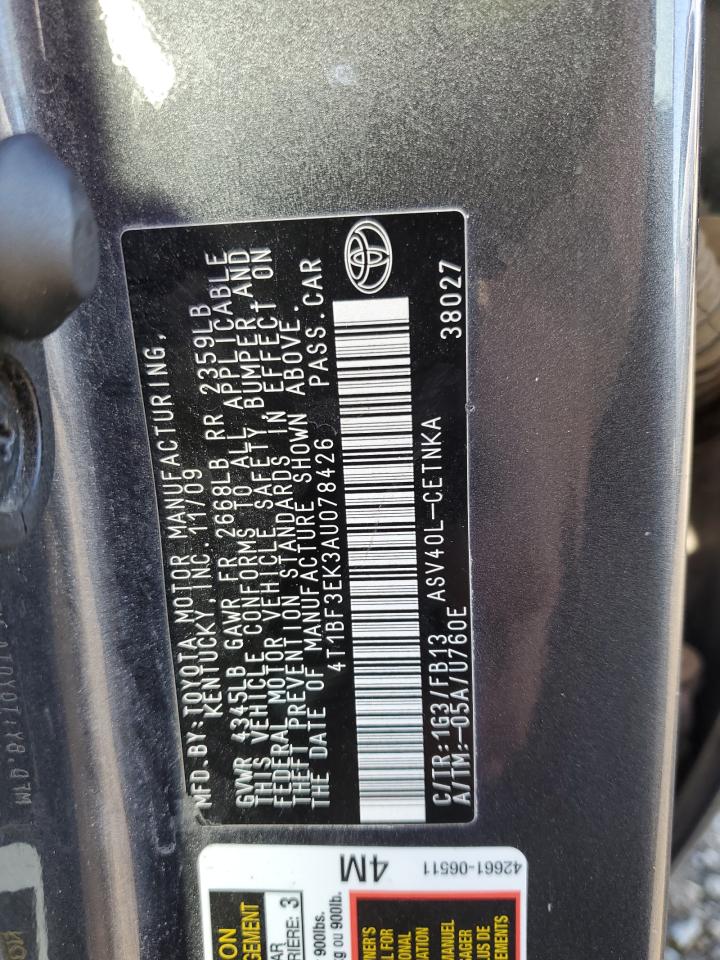 2010 Toyota Camry VIN 4T1BF3EK3AU078426 Copart auction photo, front end / side damage thumbnail 12