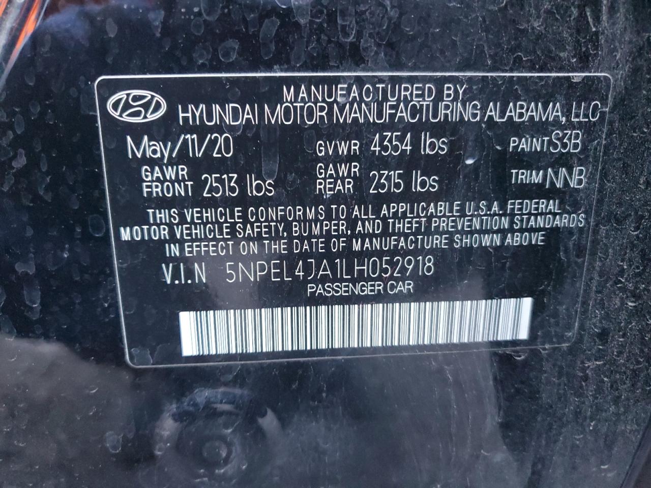 2020 Hyundai Sonata VIN 5NPEL4JA1LH052918 Copart auction photo, rear end / side damage thumbnail 12