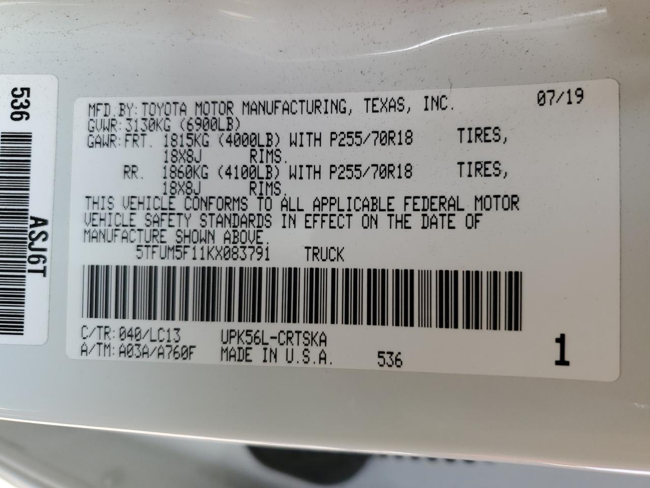 2019 Toyota Tundra VIN 5TFUM5F11KX083791 Copart auction photo, side / front end damage thumbnail 13