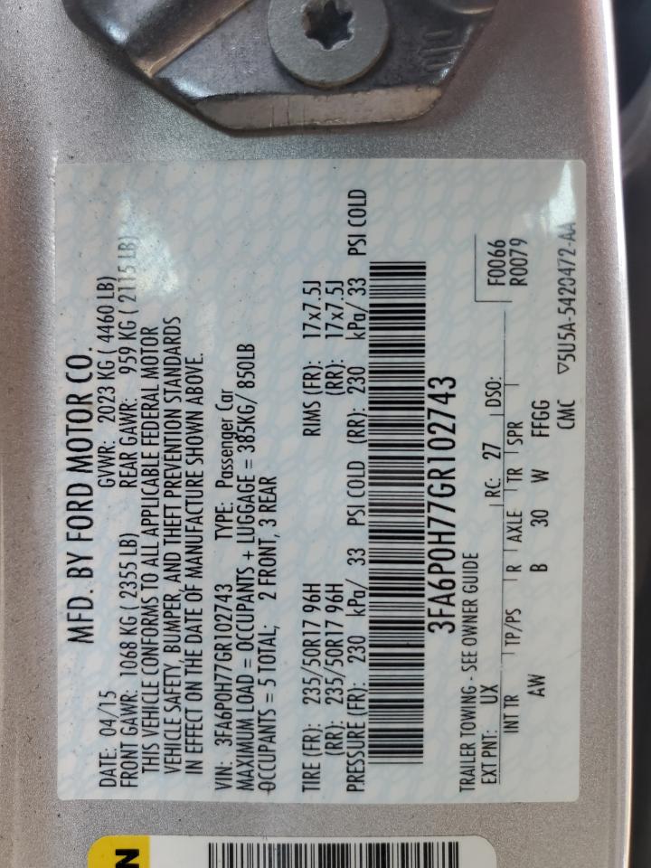 2016 Ford Fusion VIN 3FA6P0H77GR102743 Copart auction photo, front end damage thumbnail 12