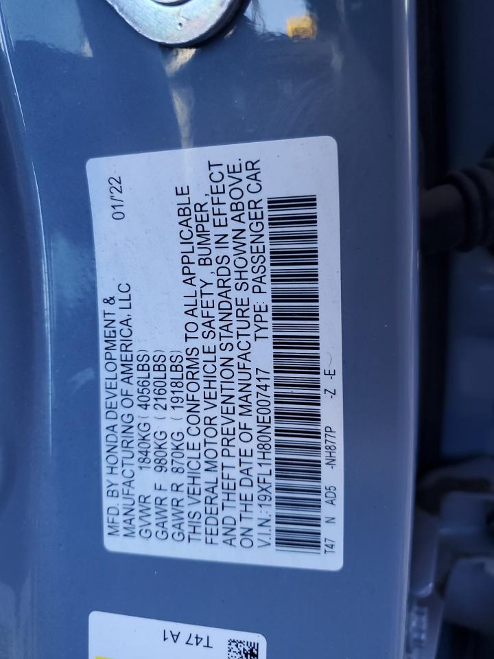 2022 Honda Civic VIN 19XFL1H80NE007417 Copart auction photo, frame damage / rear end damage thumbnail 12