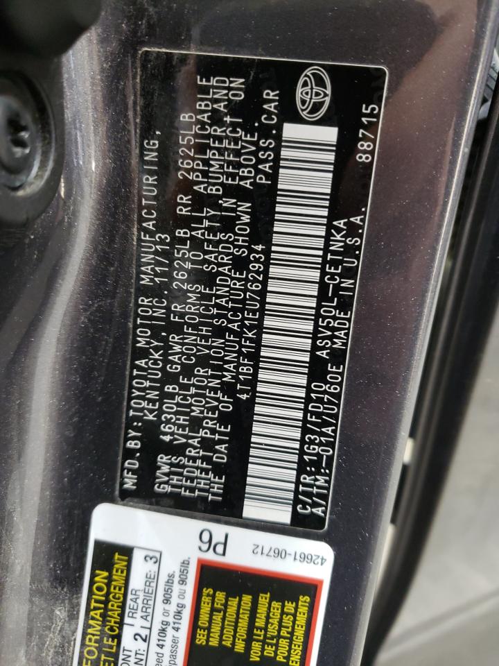 2014 Toyota Camry VIN 4T1BF1FK1EU762934 Copart auction photo, rear end damage thumbnail 14