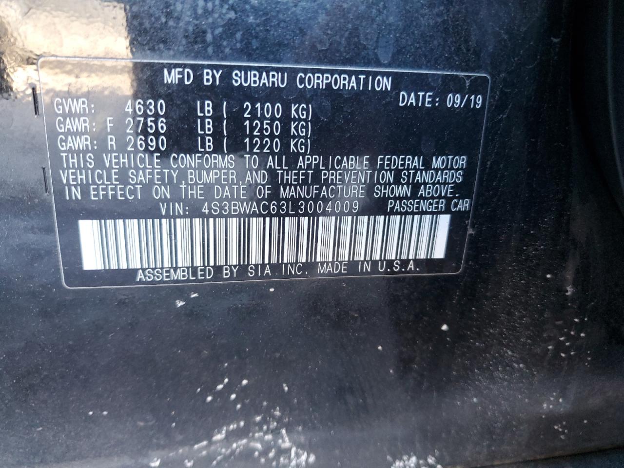 2020 Subaru Legacy VIN 4S3BWAC63L3004009 Copart auction photo, top/roof damage thumbnail 13