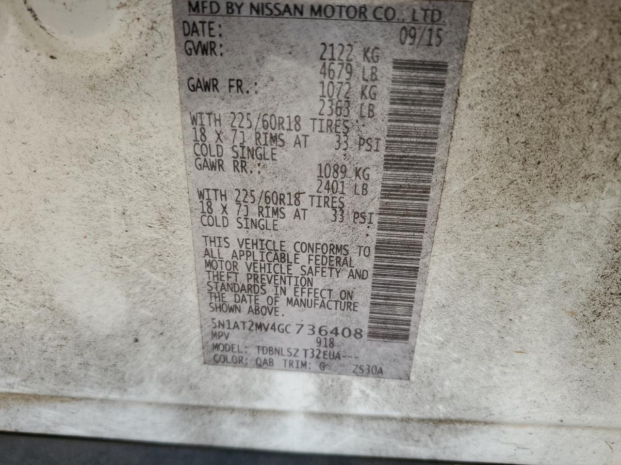 2016 Nissan Rogue VIN 5N1AT2MV4GC736408 Copart auction photo, front end / minor dent/scratches damage thumbnail 15